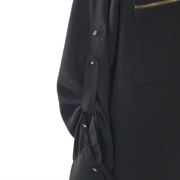 Express Semi Sheer Blouse Button Front Roll Tab Sleeve Hi Lo Hem Black & Gold MD - Picture 5 of 5